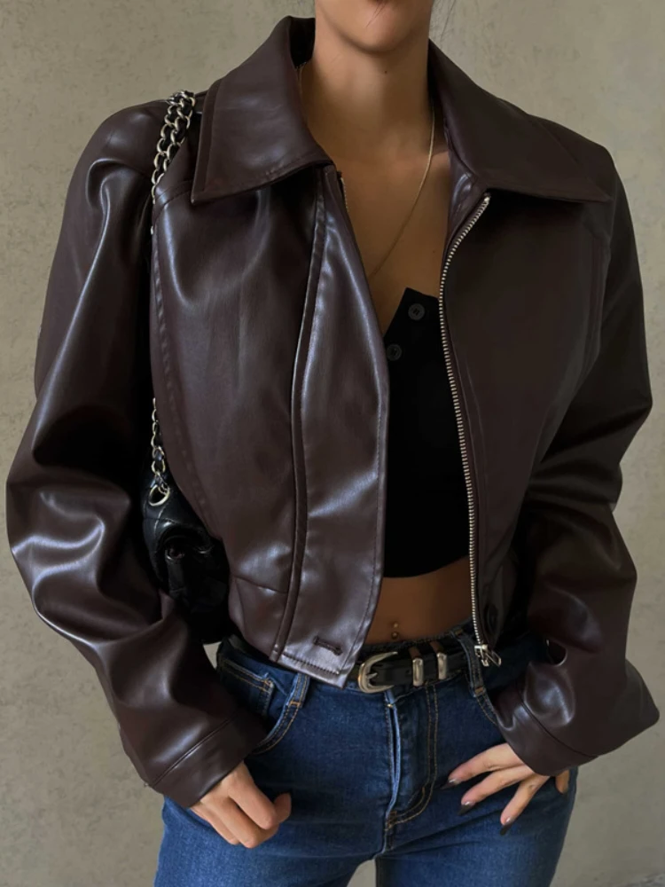 

FTLZZ New Spring Autumn Women Vintage Slim Moto Biker Short PU Coat Lady Fashion Streetwear Lapel Zipper Faux Leather Jacket