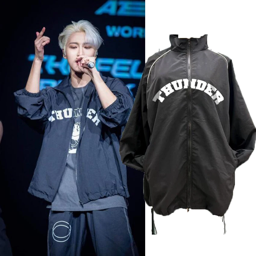 KPOP ATEEZ Thunder Print Men's Jackets Harajuku Cardigan Stand Collar Zipper Baseball Jacket Outerwear Casual Sportswear 2