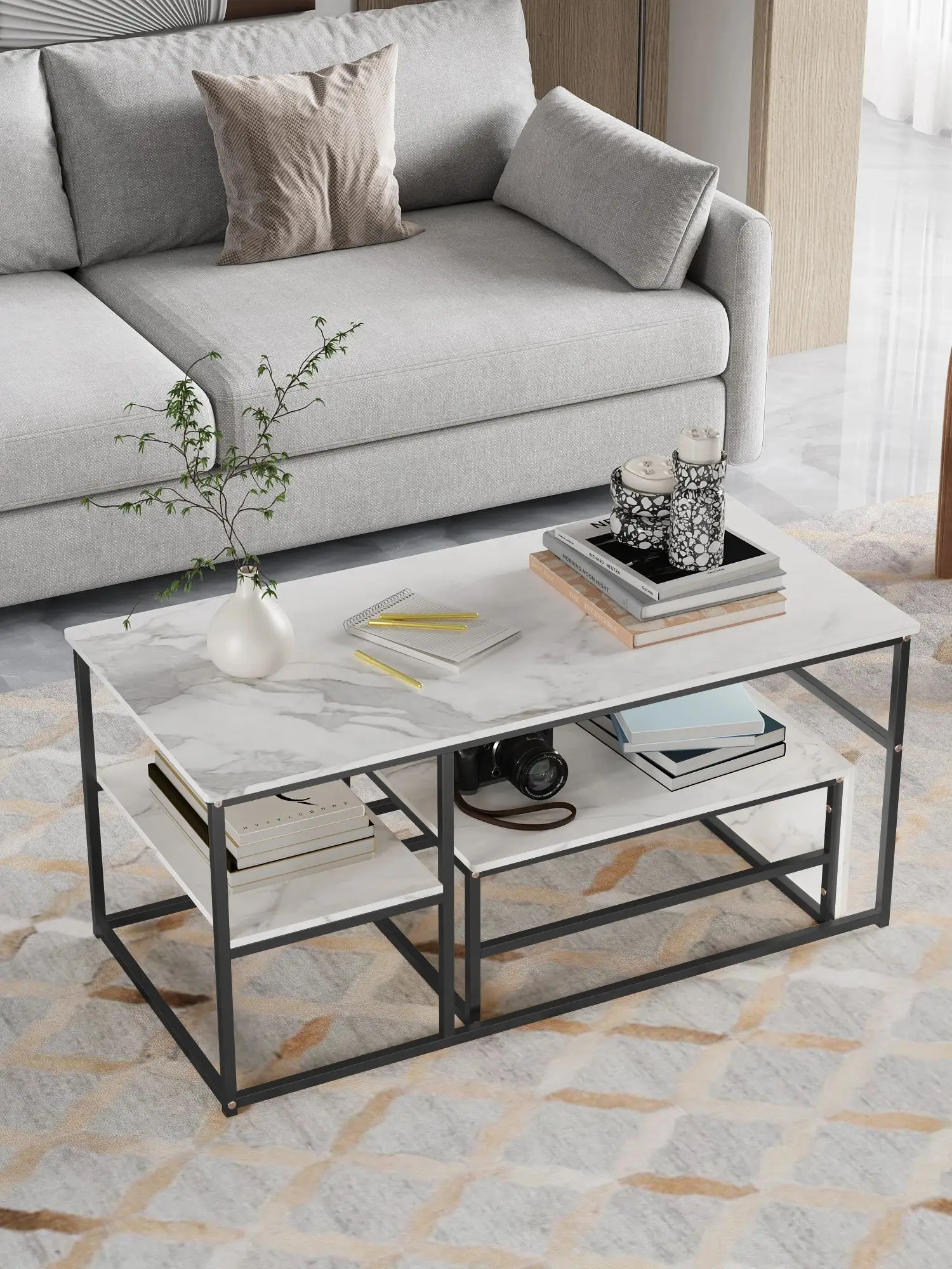 Rosahqnda Couchtisch-Set, 2-teiliges Set moderner Couchtisch, rechteckige Beistelltische mit Ablagefach, Metallgestell, für das Wohnzimmer – Detail 3