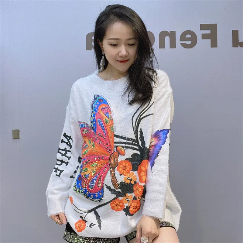 

Women Diamond T-shirt Knitwear Pullover Top Female Summer New Butterfly Rhinestone Short-Sleeved T-shirt For Women Летний свитер