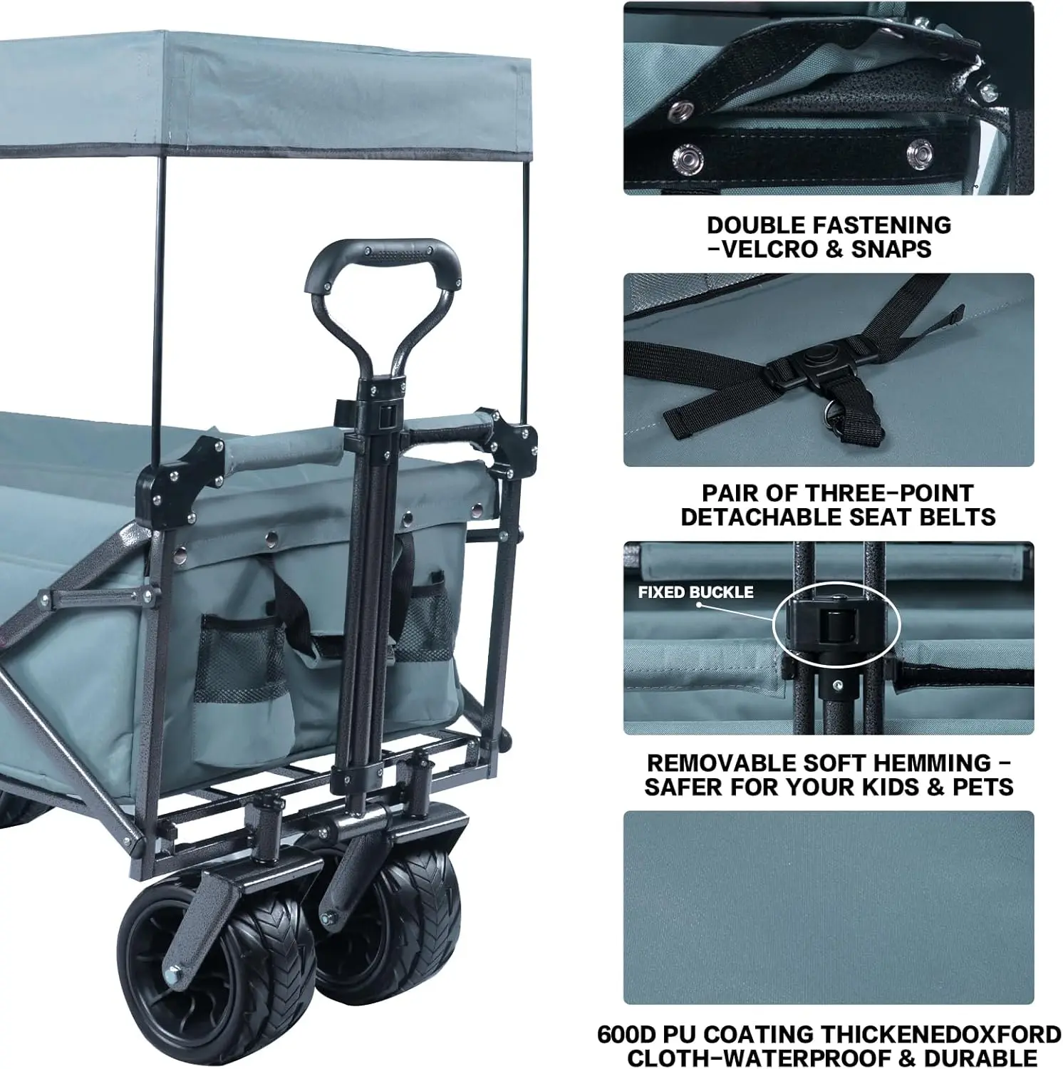 Wagon Heavy Duty Folding Wagon Cart with Removable Canopy, 4" Wide Large All Terrain Wheels, Brake, Adjustable