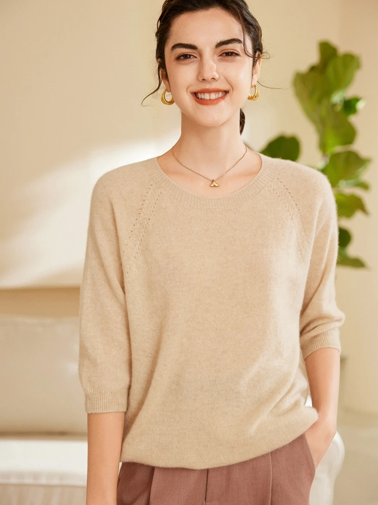 High-quality Spring Summer Women O-neck Short Sleeve Pullovers 100% Cashmere Knitwear Female T-shirt Pure Color Women Sweater