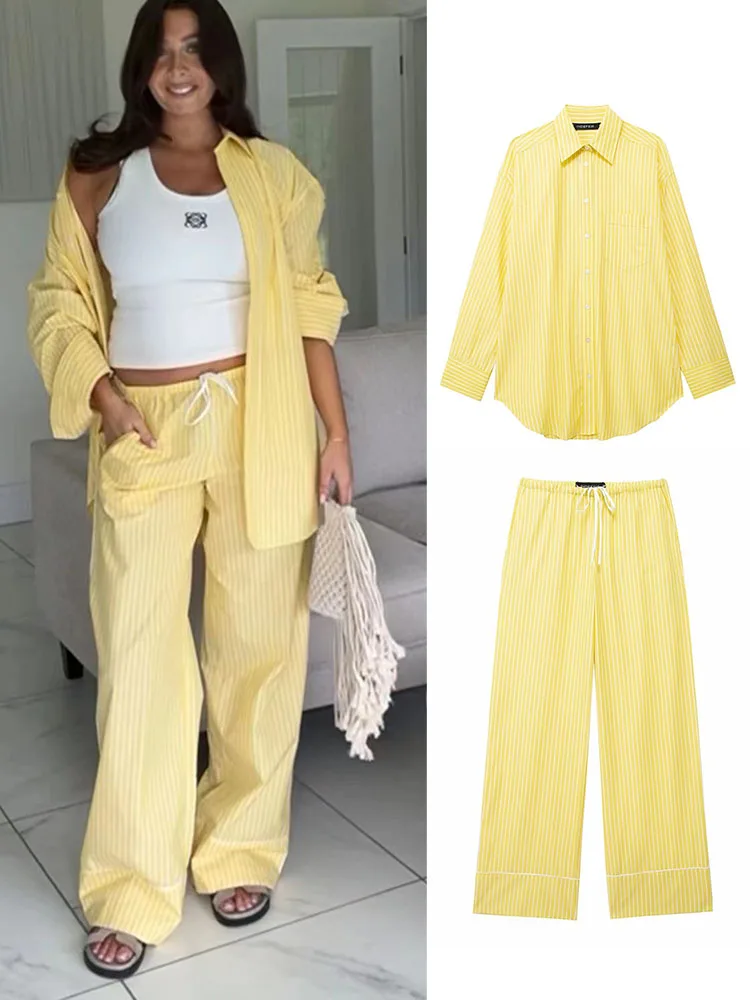 TRAF Two Pieces Striped Blouse Pants Sets For Women Fashion Single Breasted Oversized Shirt Tops+Drawstring Wide Leg Pant Suit
