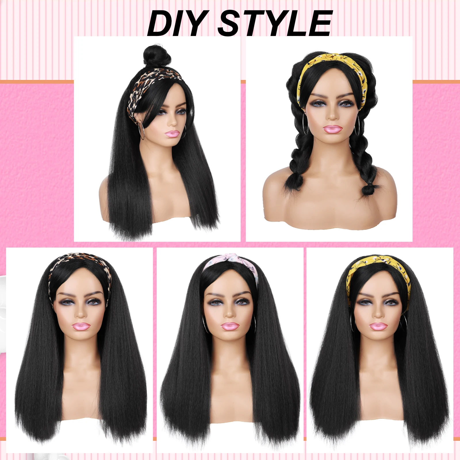 Tereshar Synthetic Yaki Straight Half Wig with Braided Hair Band Wig for Black Women Heat Resistant Wigs