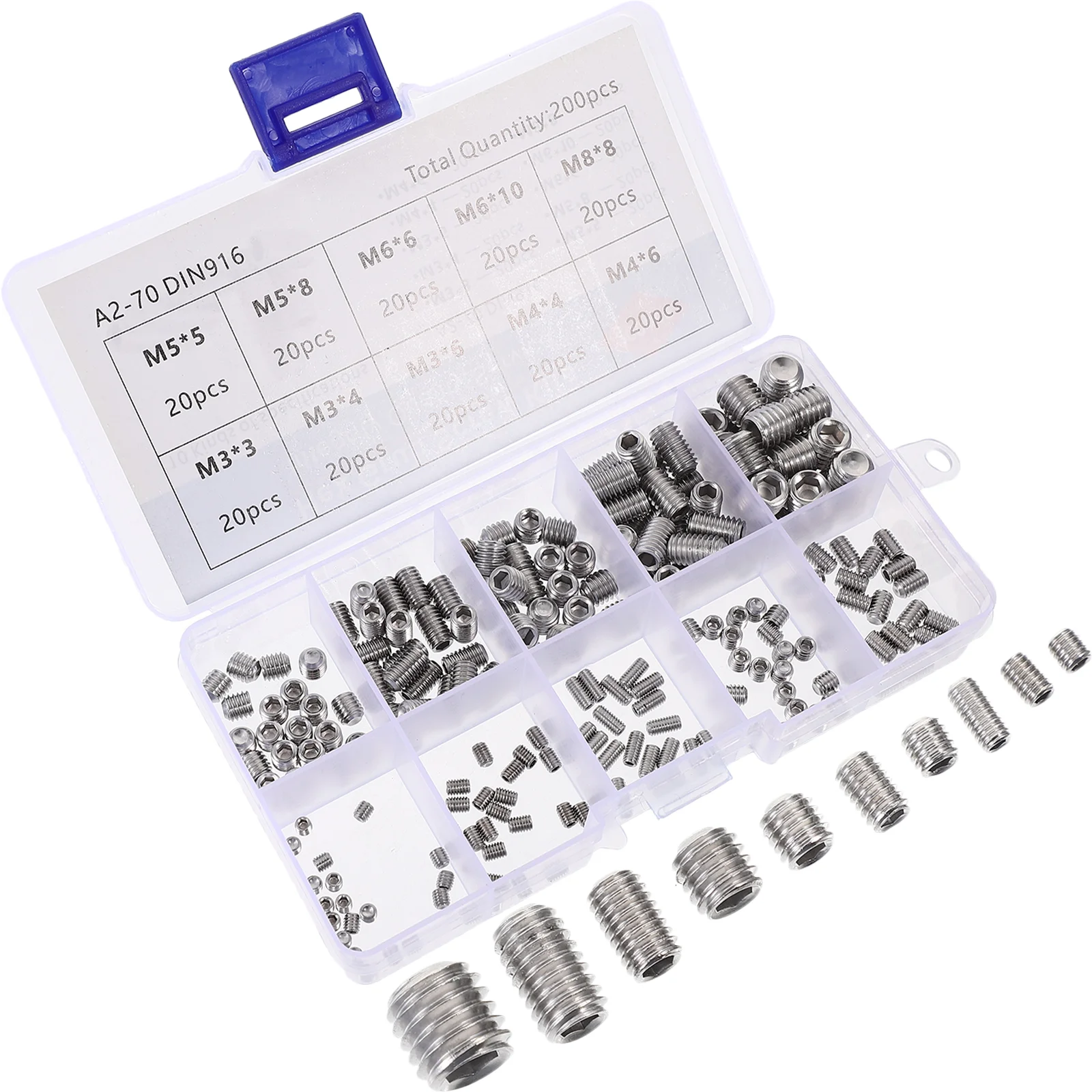 

Allen Head Grub Screw 200pcs Hexagon Socket Set Machine Combination Box Headless Screws