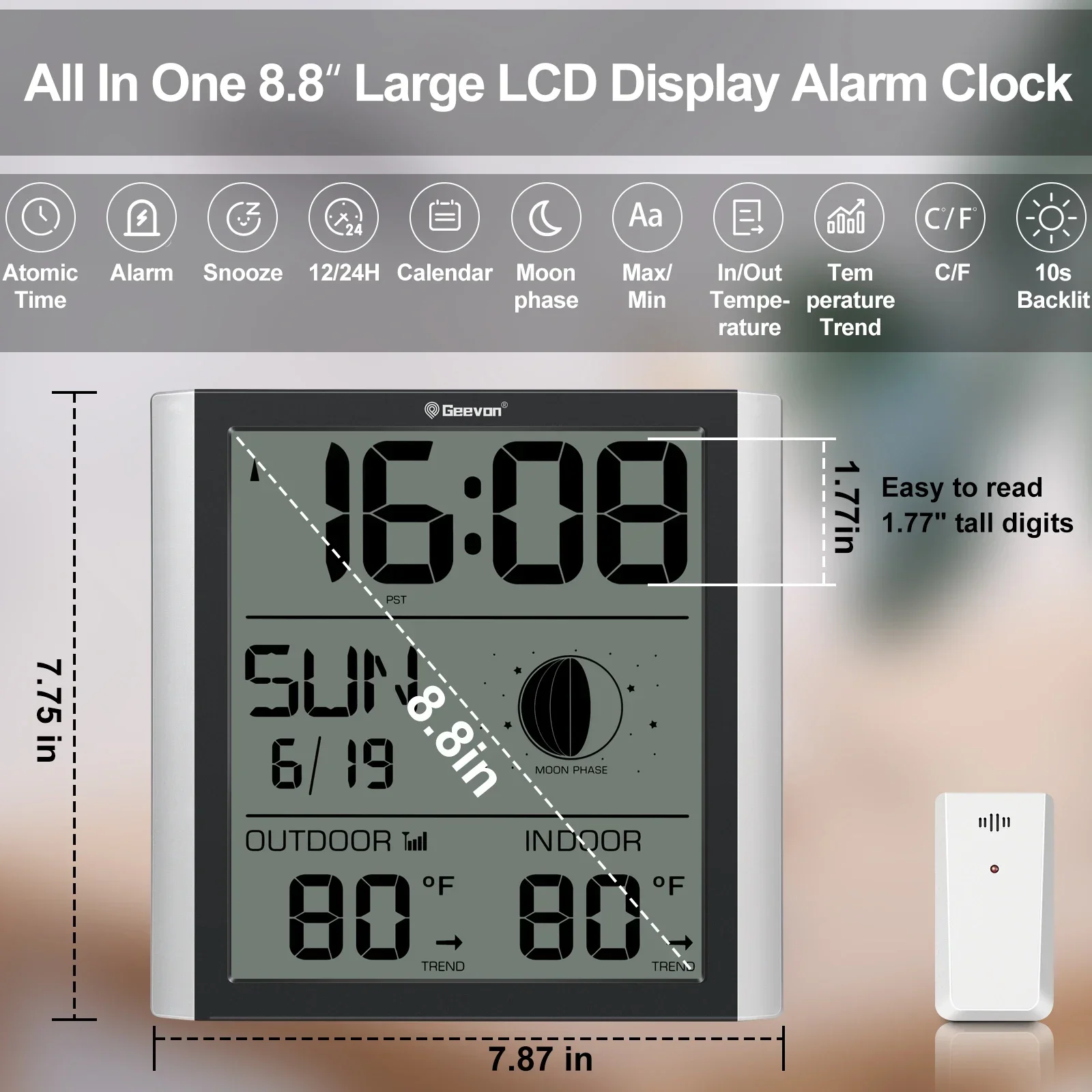 Atomic Wall Clock With Backlight Auto-Set Digital Atomic Alarm Clock With Indoor Outdoor Temperature Calendar Moon Phase