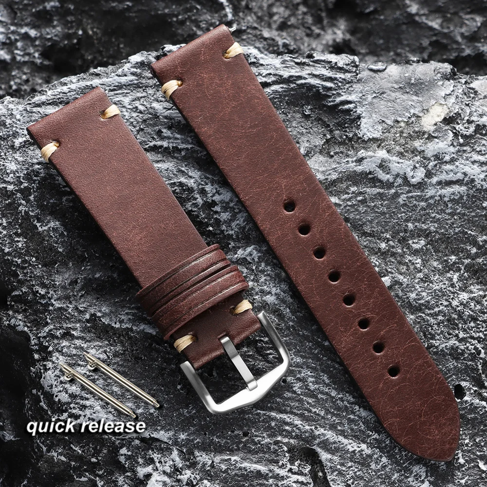 Vintage Brown & Black Handmade Cowhide Leather Watch Strap with Quick Release