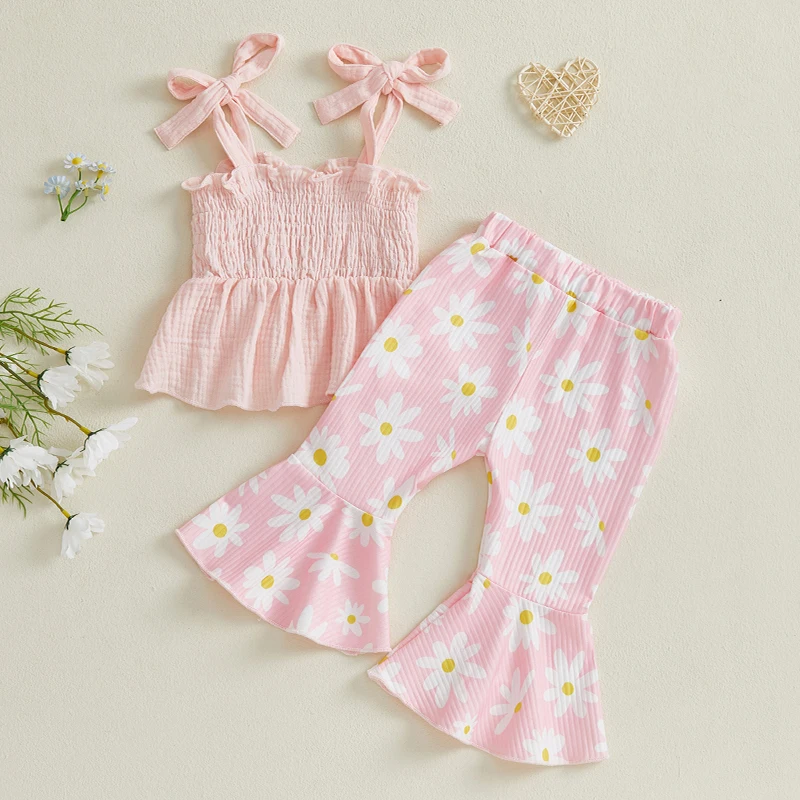 1-4years Kids Girls 2 Piece Outfits 타이 업 스트랩 스모크 캐미솔과 탄성 데이지 프린트 플레어 바지 여름 옷