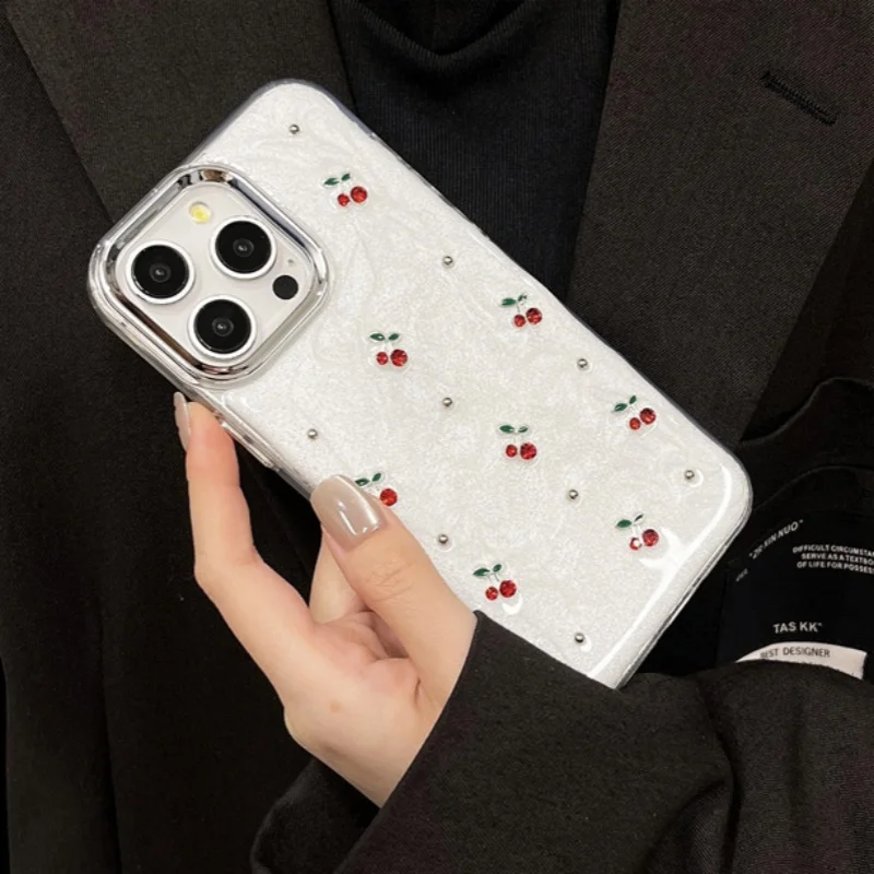 Fashion Electroplated Cartoon Diamond Glitter Cherry Cute Shockproof Silicone Case For iPhone 11 12 13 14 15 Pro Max Cover Girl