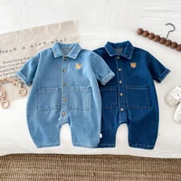 Korean Style Newborn Bodysuit Baby Jumpsuit Boy Girl Autumn Outdoors Bear Prints Denim Romper 0-2yrs