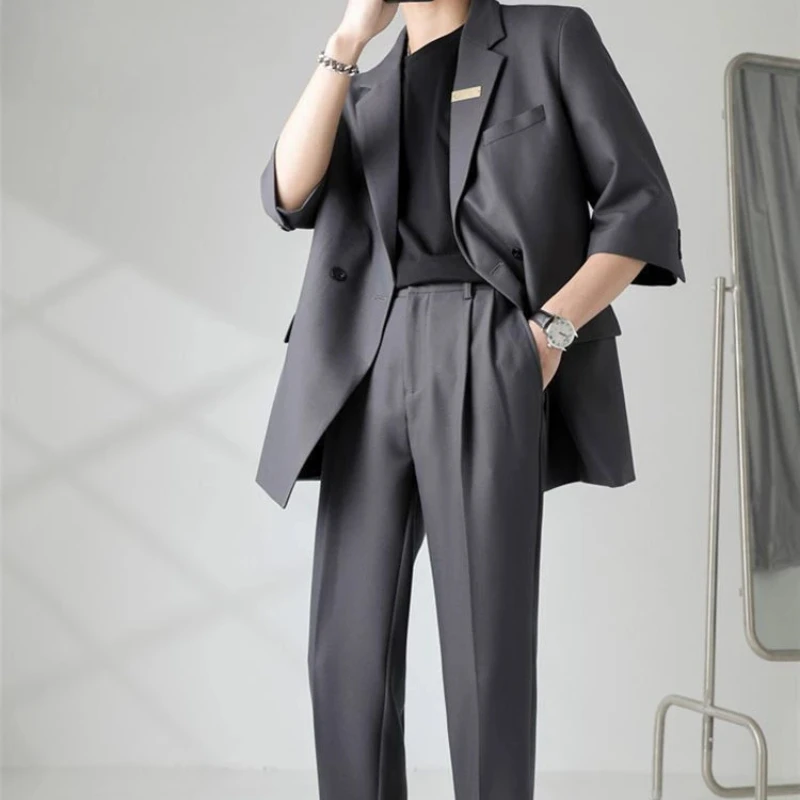 2 Piece Outfit Set Male Casual Korean Full Men's Suits and Blazers Business Trends Costumes Ceremony Clothes