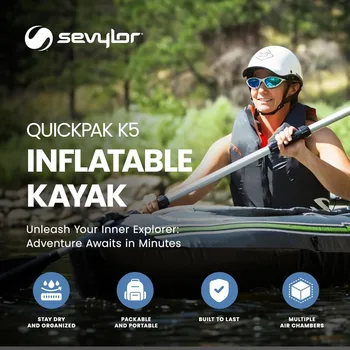 QuickPak K5 24 Gauge PVC Polyester 1 Person Inflatable Kayak w/Hand Pump, Paddle, Double Lock Valves and Easy To Carry 2