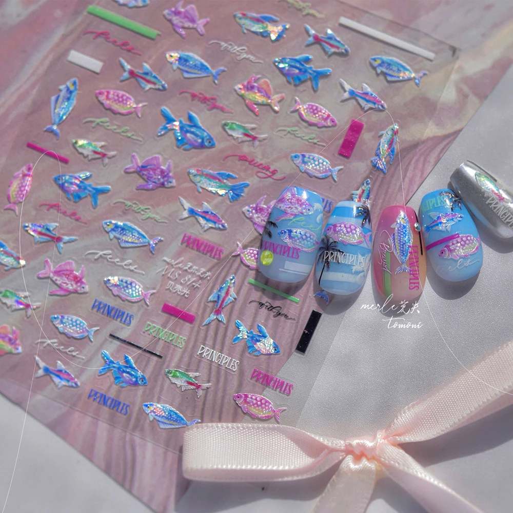 Verträumte Wasserblase Goldfisch Meerjungfrau Ozean Thema 5D Nail Art Aufkleber Bunte schillernde Muschel Glow Selbstklebender Maniküre Aufkleber – Detail 18