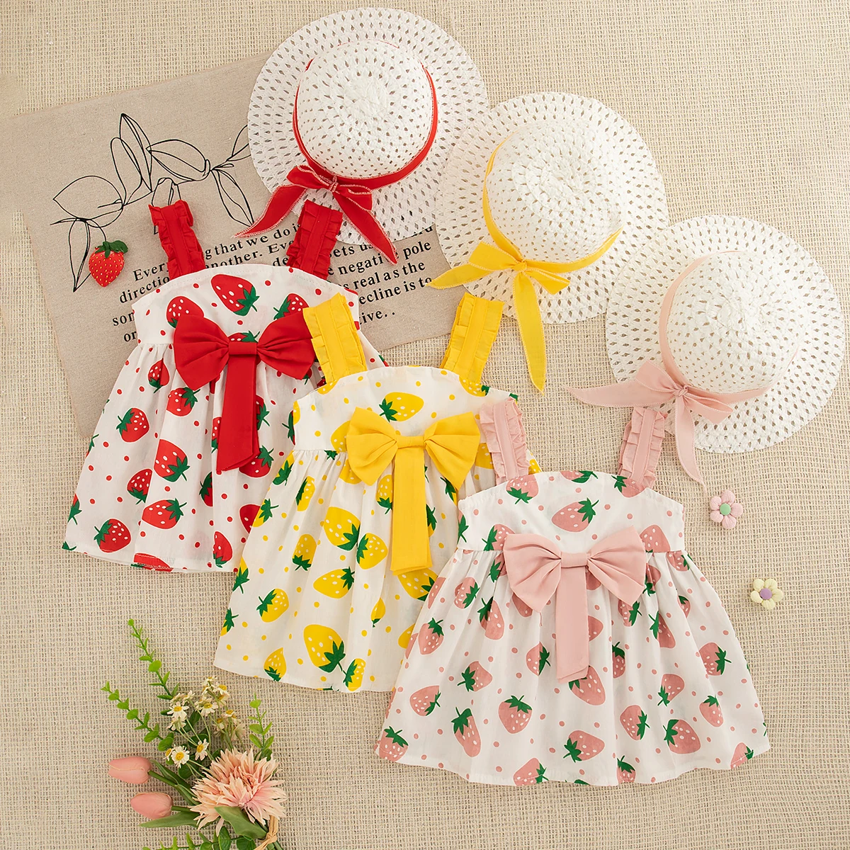 Baby Girl Dress Summer Strawberry Bow Sling Girls Dress Cute Cotton Girls Beach Dress Baby Clothes Girl with Hat