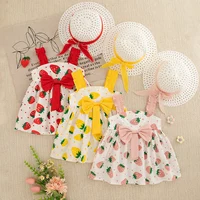 Baby Girl Dress Summer Strawberry Bow Sling Girls Dress Cute Cotton Girls Beach Dress Baby Clothes Girl with Hat