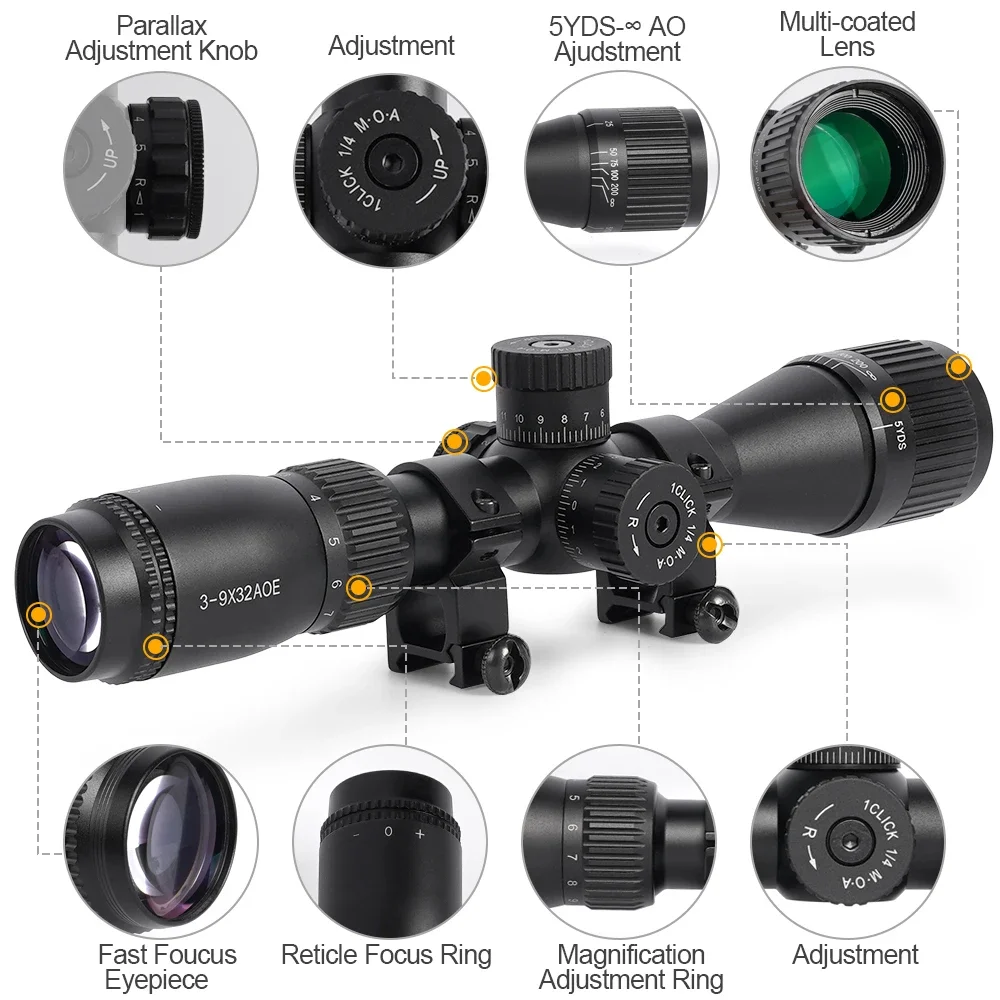 Tactical 3-9X32AOL Optical Sight with Red/Green Dot Laser Combination-Adjustable Focal Length for Long-Range Hunting