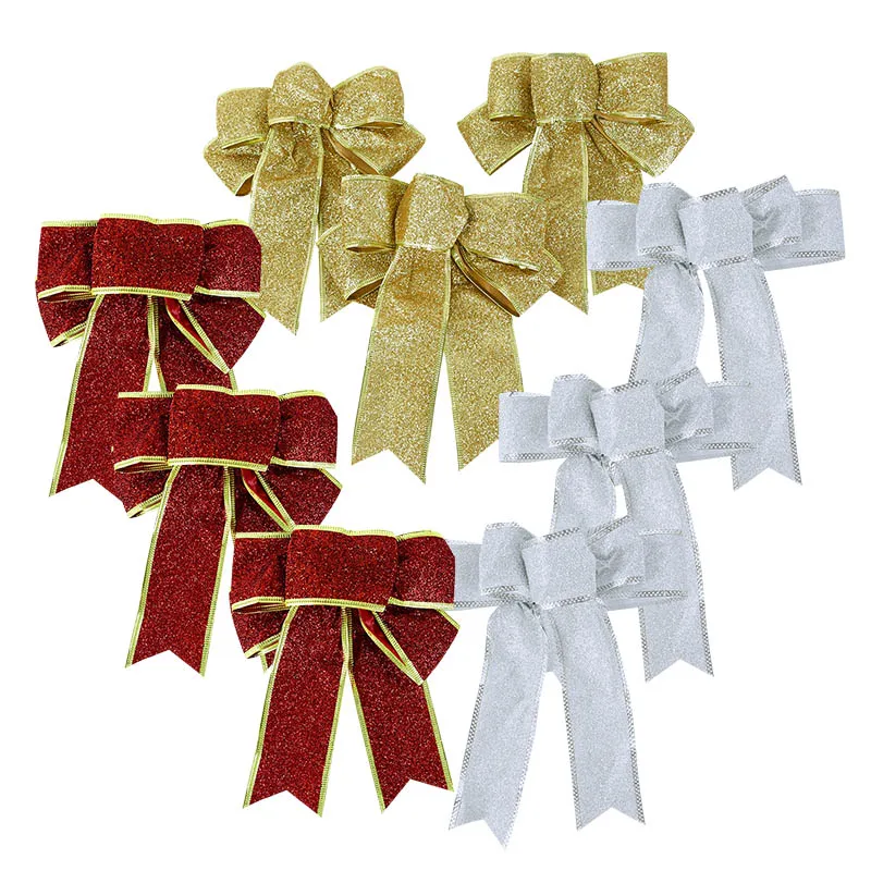 DIY Christmas Tree Hanging Ornament Glitter Gold/Red Bow Bowknot Crafts New Year 2024 Navidad Natal Noel Gift Box Wreath Decor