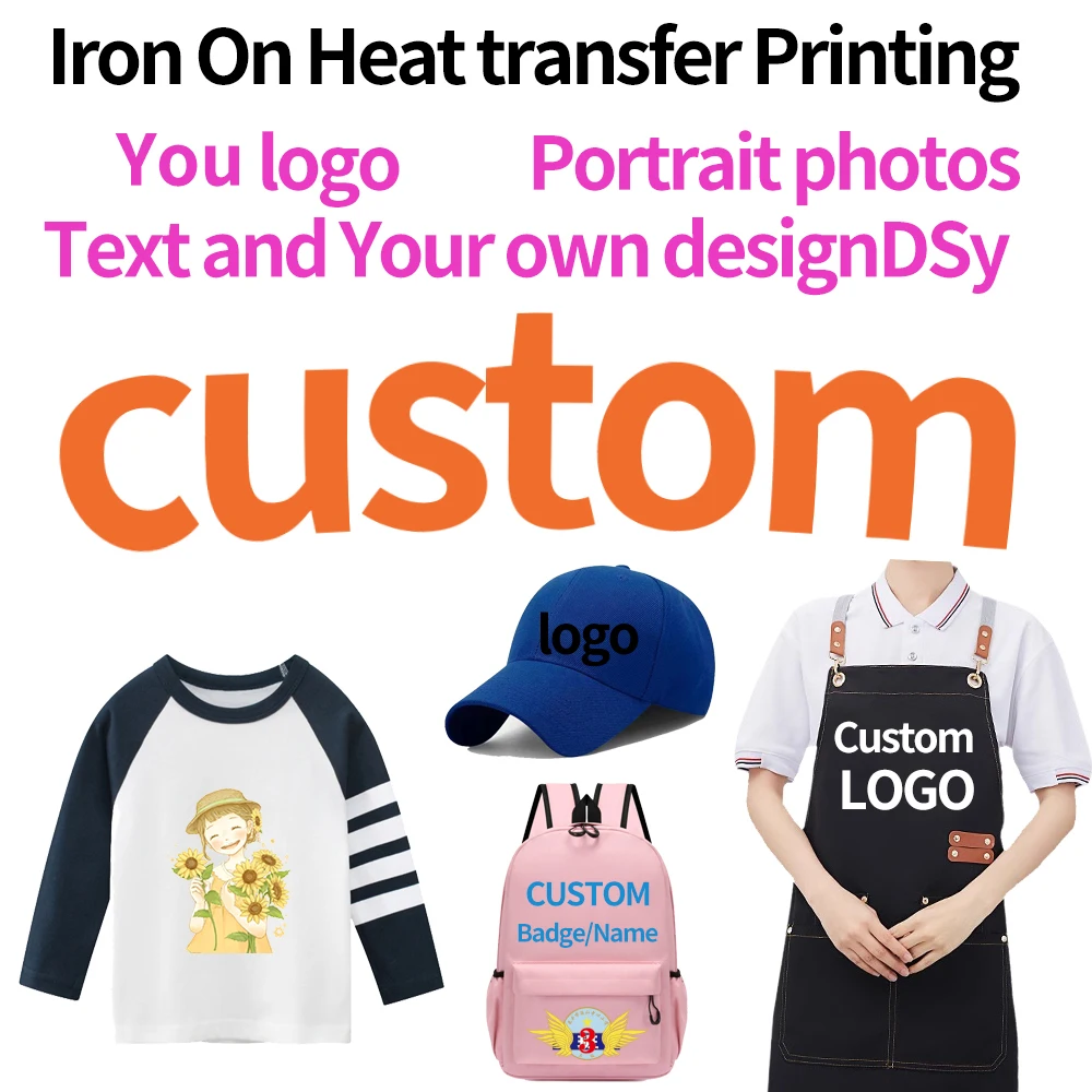 Heat Transfer Stickers Custom DTF Iron On You Logo Text and Portrait Images Printing DIY Clothing and Hats Washable Patches
