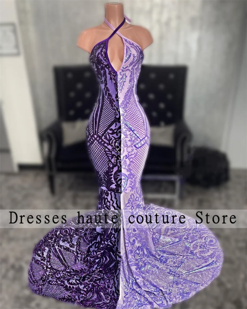 

Purple Halter Long Prom Dress For Black Girls 2024 Sequined Birthday Party Dresses Mermaid Evening Gowns Robe De Bal