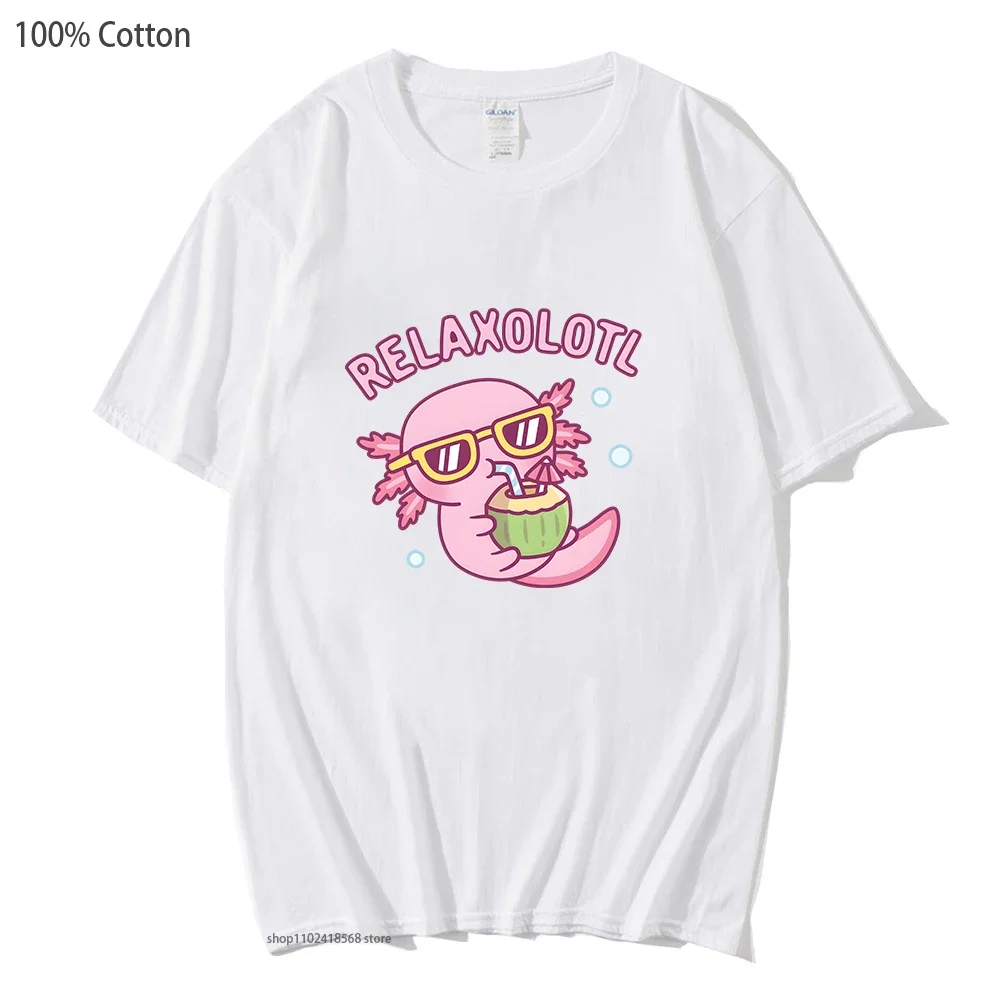 

Men T Shirt Cute Chilling Axolotl Relaxolotl Relax A Lot Pun Shirt 100%Cotton Women Kawaii Graphic Clothing Y2k Clothes Cute Tee