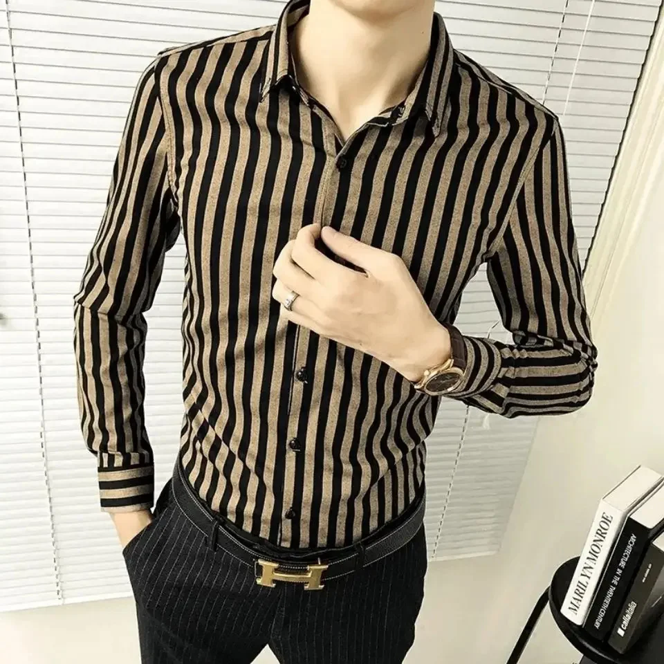 

Men 2023 Spring Fashion Long Sleeve Striped Shirts Clothing Slim Fit Business Casual Male Office Homme Blouse I29