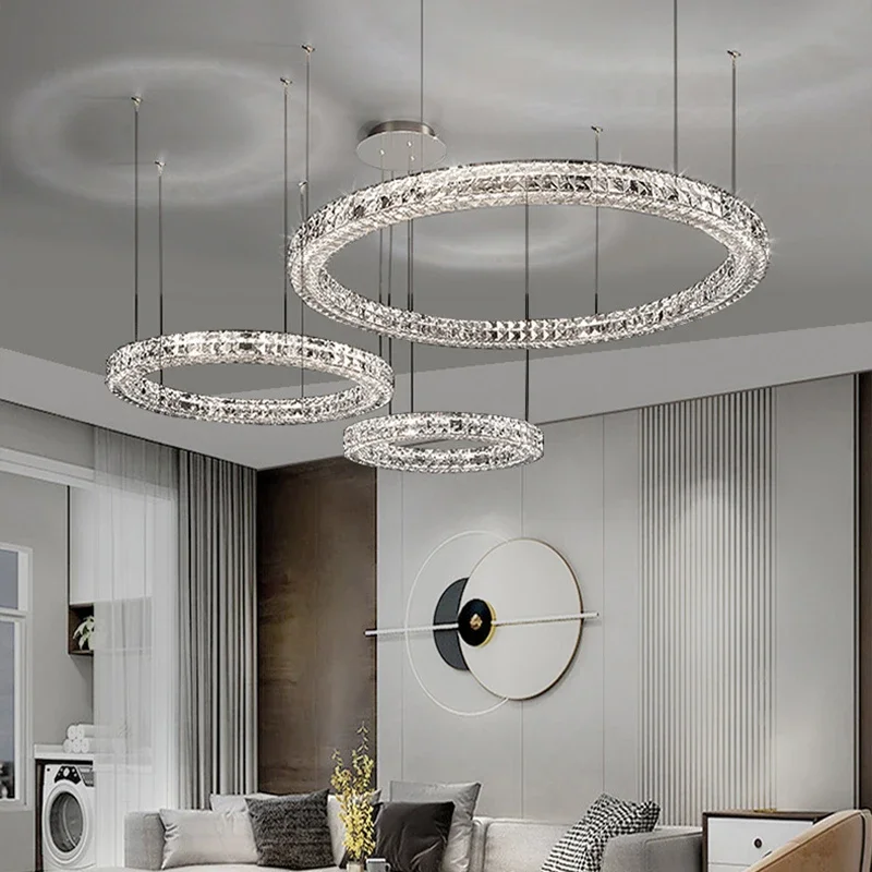 

Dimmable LED Crystal Round Chandelier 2023 Chrome Modern Hanging Lamps for Ceiling Home Decor Nordic Ring Lights for Living Room