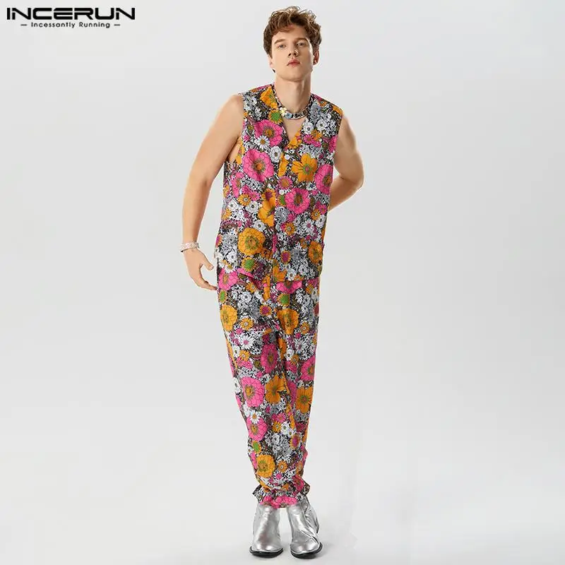 

INCERUN Men Sets Floral Printing V Neck Sleeveless Tank Tops & Pants 2CPS Streetwear Loose 2023 Vacation Men Casual Suits S-5XL