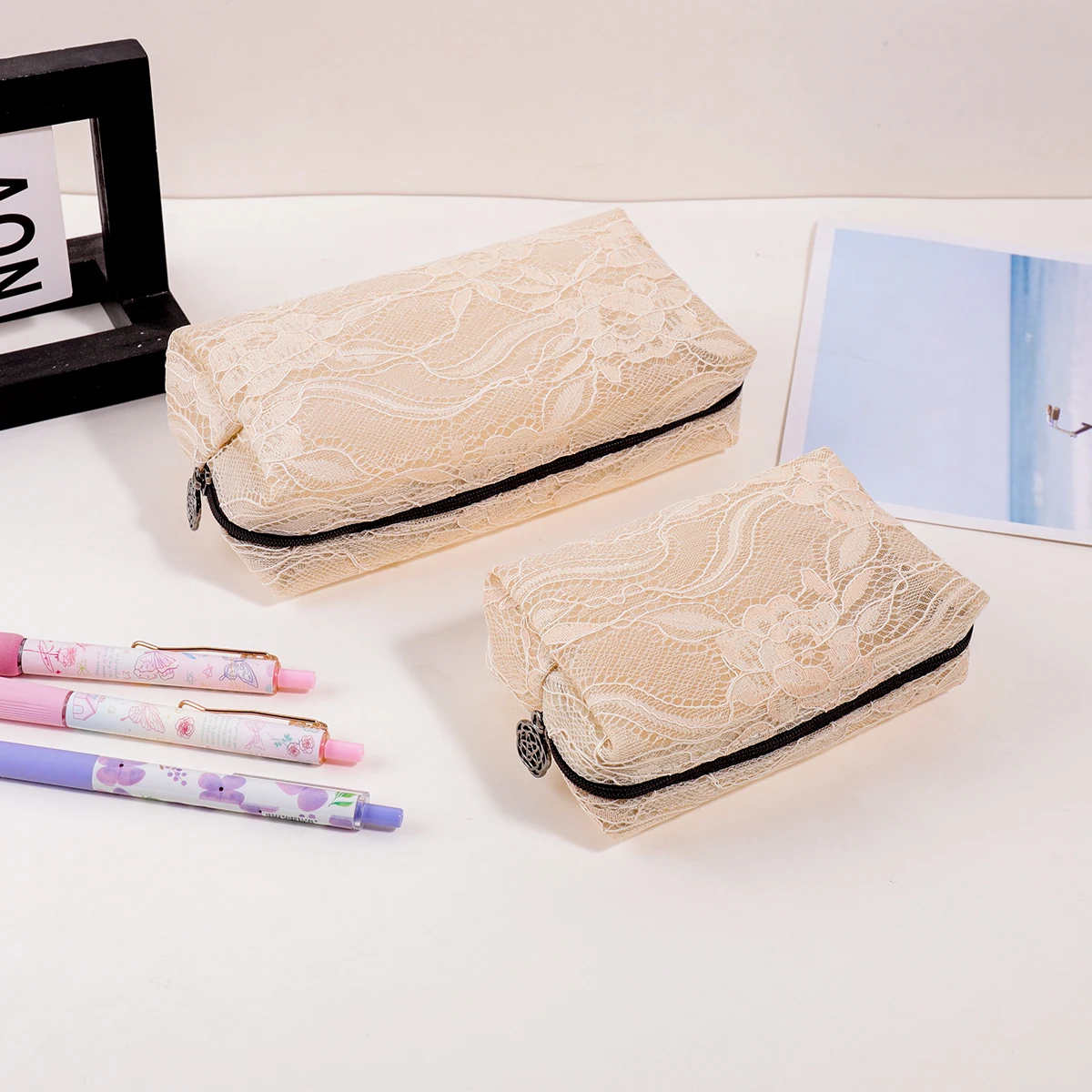 3Pcs 세트 꽃 레이스 연필 케이스 대용량 지퍼 펜 파우치 학교 사무실 여행을위한 휴대용 편지지 정리 가방