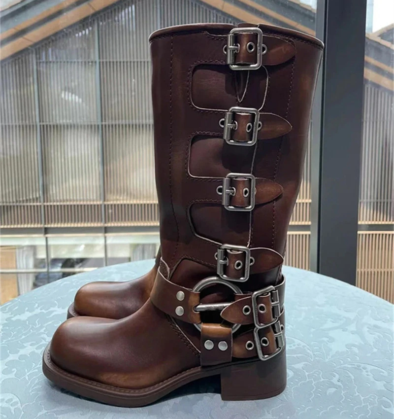 

Western Cowboy Boots for Women Belt Buckle Slip-on Combat Shoes Chunky Heel Autumn Winter Mid-calf Leather Long Botas Mujer