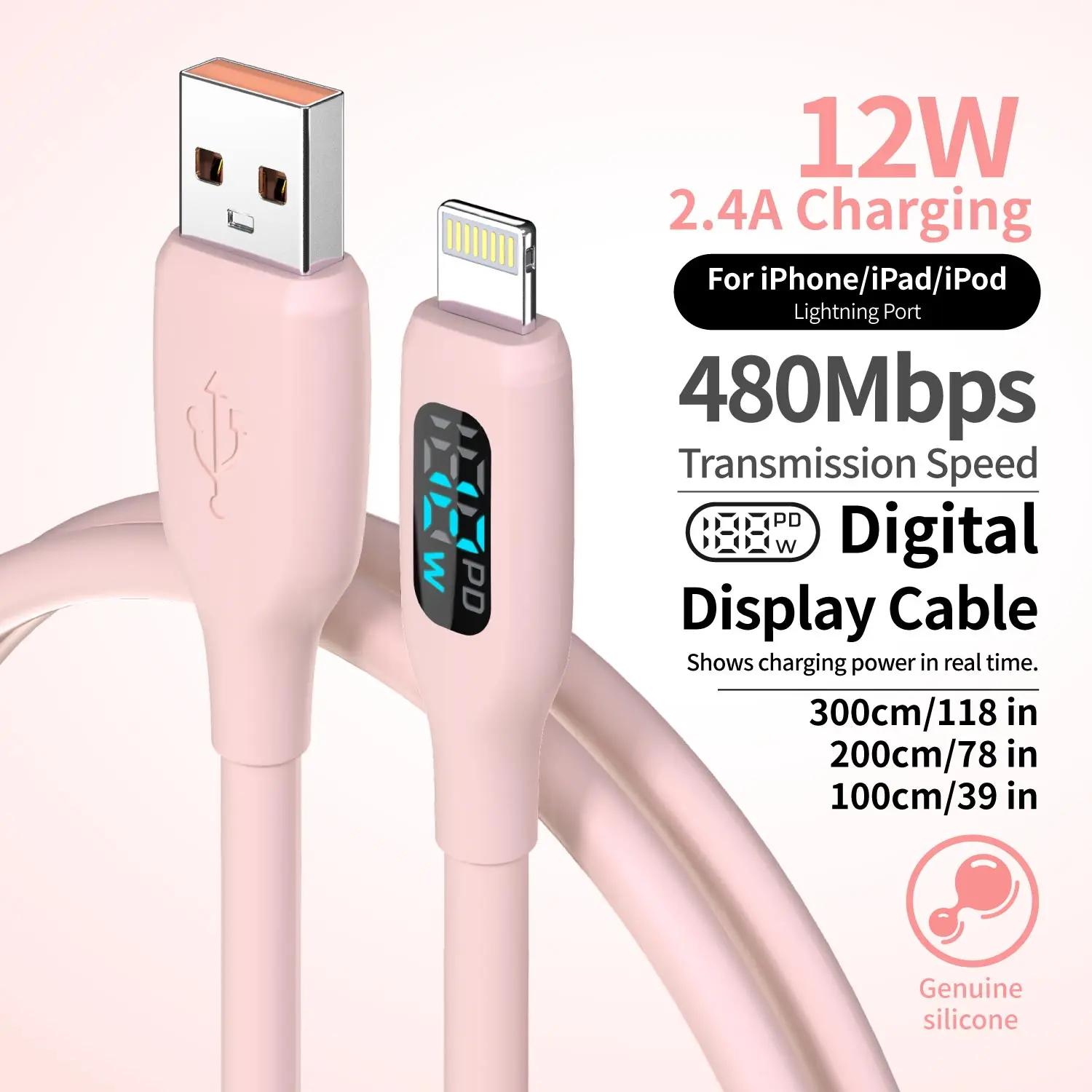 MFI Certified Macaron Pink Silicone USB to Lightning Cable with LED Display