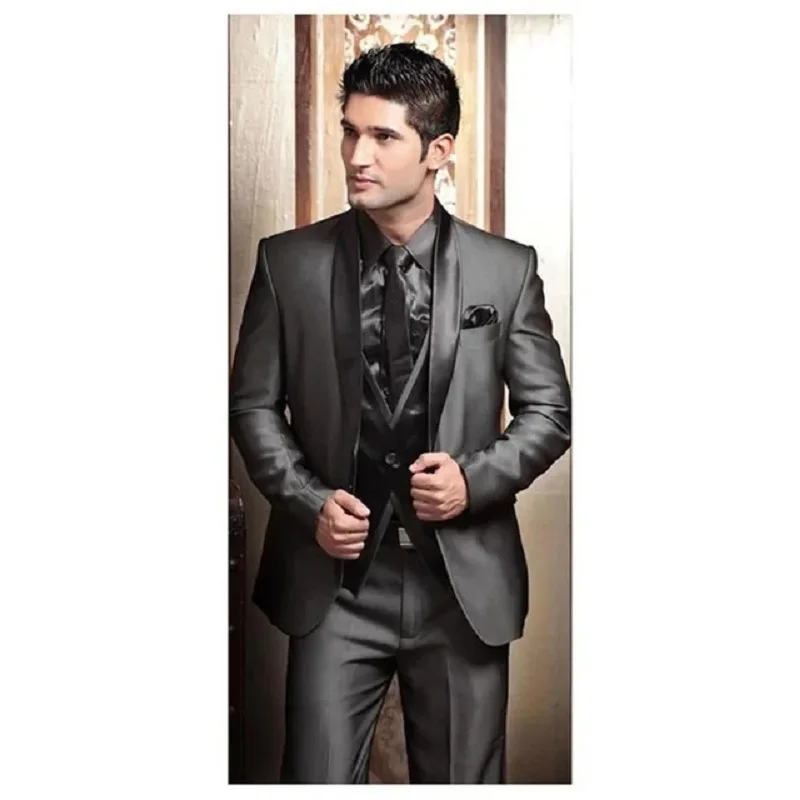 Grey Wedding Men Tuxedos Stand Collar Suit Men's Business Office Slim Fit Good Quality Male Suits 3 Pieces Sets