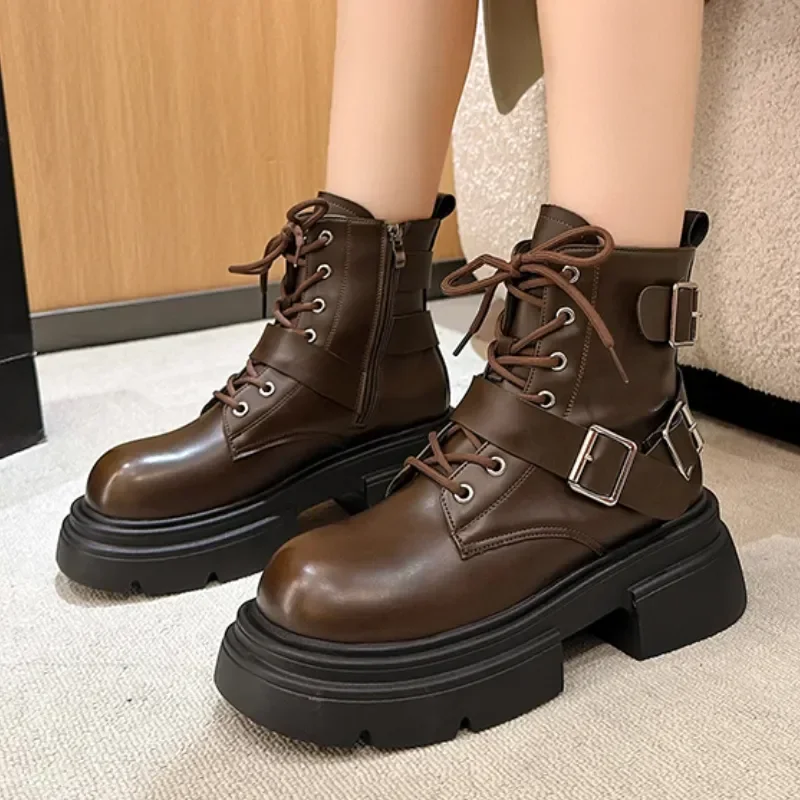 

Ladies Shoes on Sale 2023 Fashion Lace Up Women Boots Winter British Style Round Toe Solid Middle Tube Chunky Heel Fashion Boots