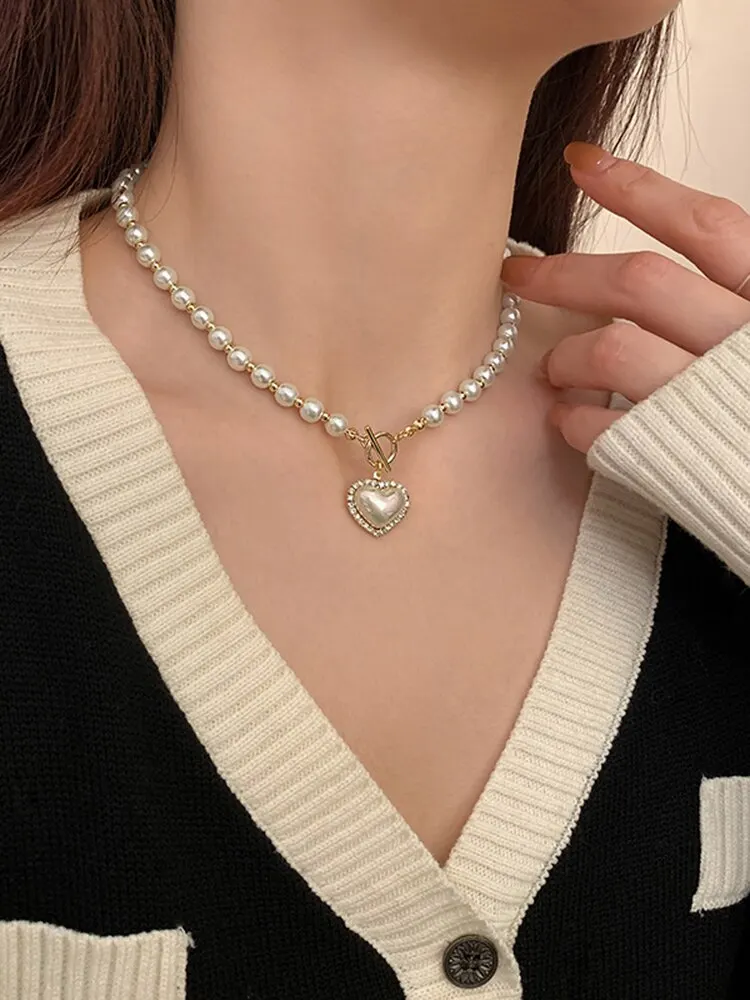 S1a1f865bf73147c1839c2d702e2aa0cde Elegant Pearl Necklace for Women Heart Pendant Necklaces Luxury Imitation Pearls Chain Necklaces Korean Jewelry Girls Gifts Mallzona
