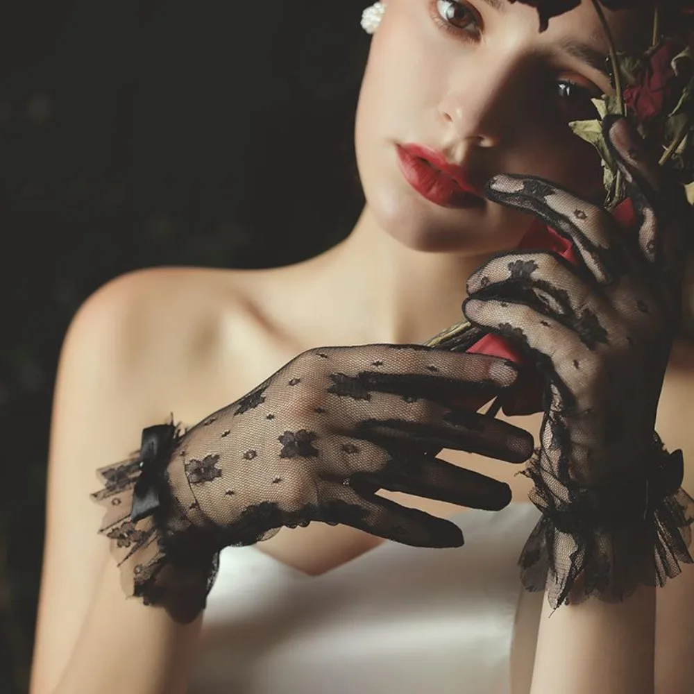 Holy Breathable Bridal Gloves Bow Pearl Mesh Lace Gloves Satin Gauze Wedding Mittens Festival