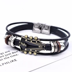 Vintage - Inspired Leather Guitar Bracelet - Handmade Braided Multi - Layer Wrap (Black)