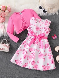 Girls' Autumn Pink Floral Dress Set - 2-Piece Outfit with Round Neck Vest and Skirt - 4Y (KJ1C4351A)