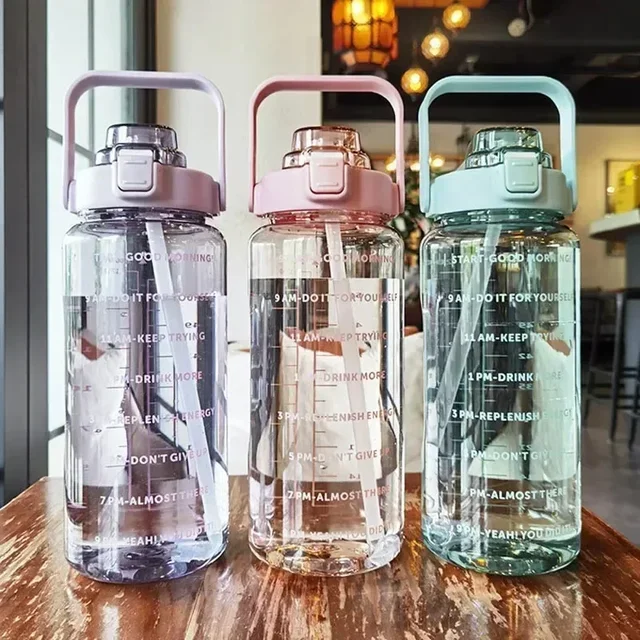 2L Portable Water Bottle Large Capacity Plastic Straw Water Cup Drink Bottle With Time Marker For Outdoor Sports Fitness 2