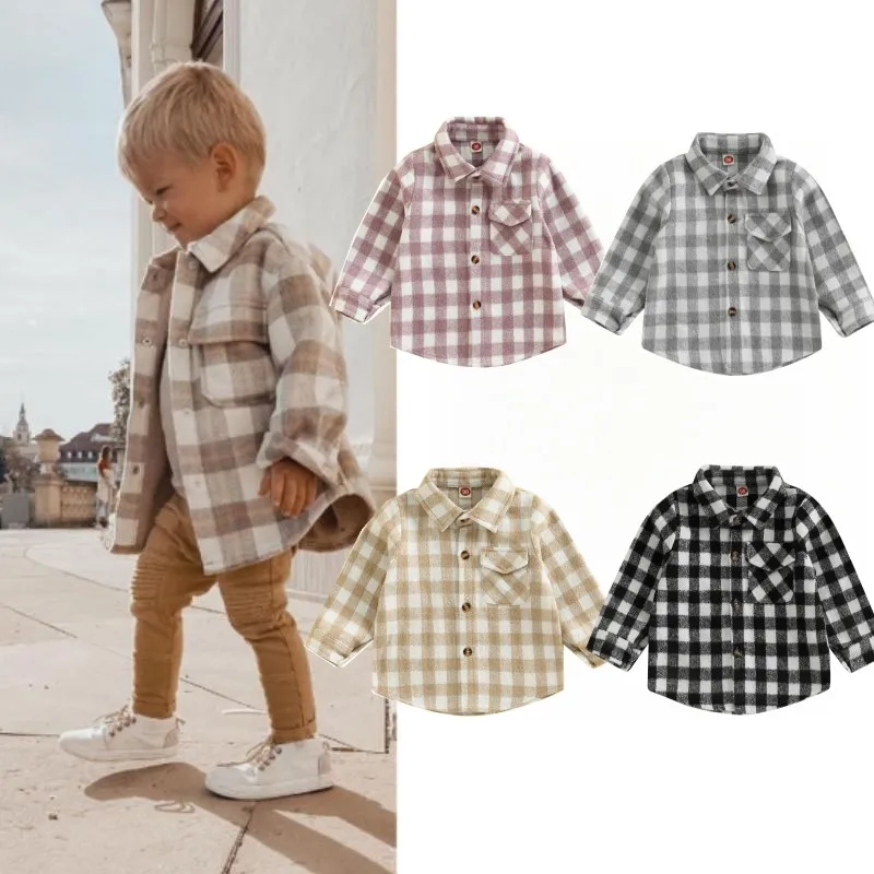 

2-7Y Fashion Autumn Children Girl Boy Warm Coat Plaid Long Sleeve Pocket Button Turn-down Collar Shirts Coat Jacket Tops Outwear