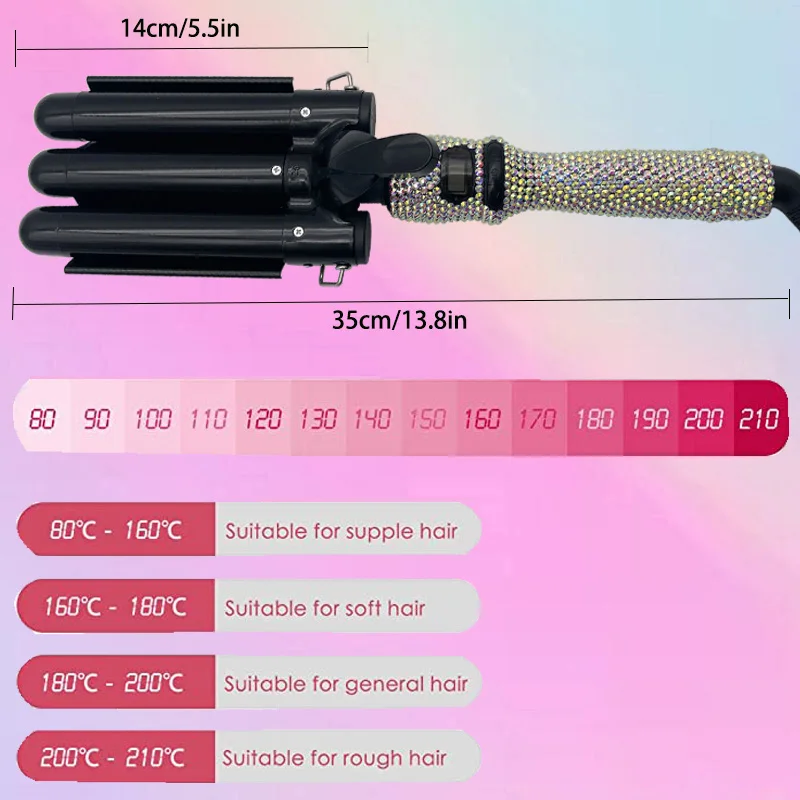 Curling Weave Iron Wand with Rhinestones Three Barrel LCD Temperature Display 1 Inch Ceramic Triple Barrels Crimp for Long Hair