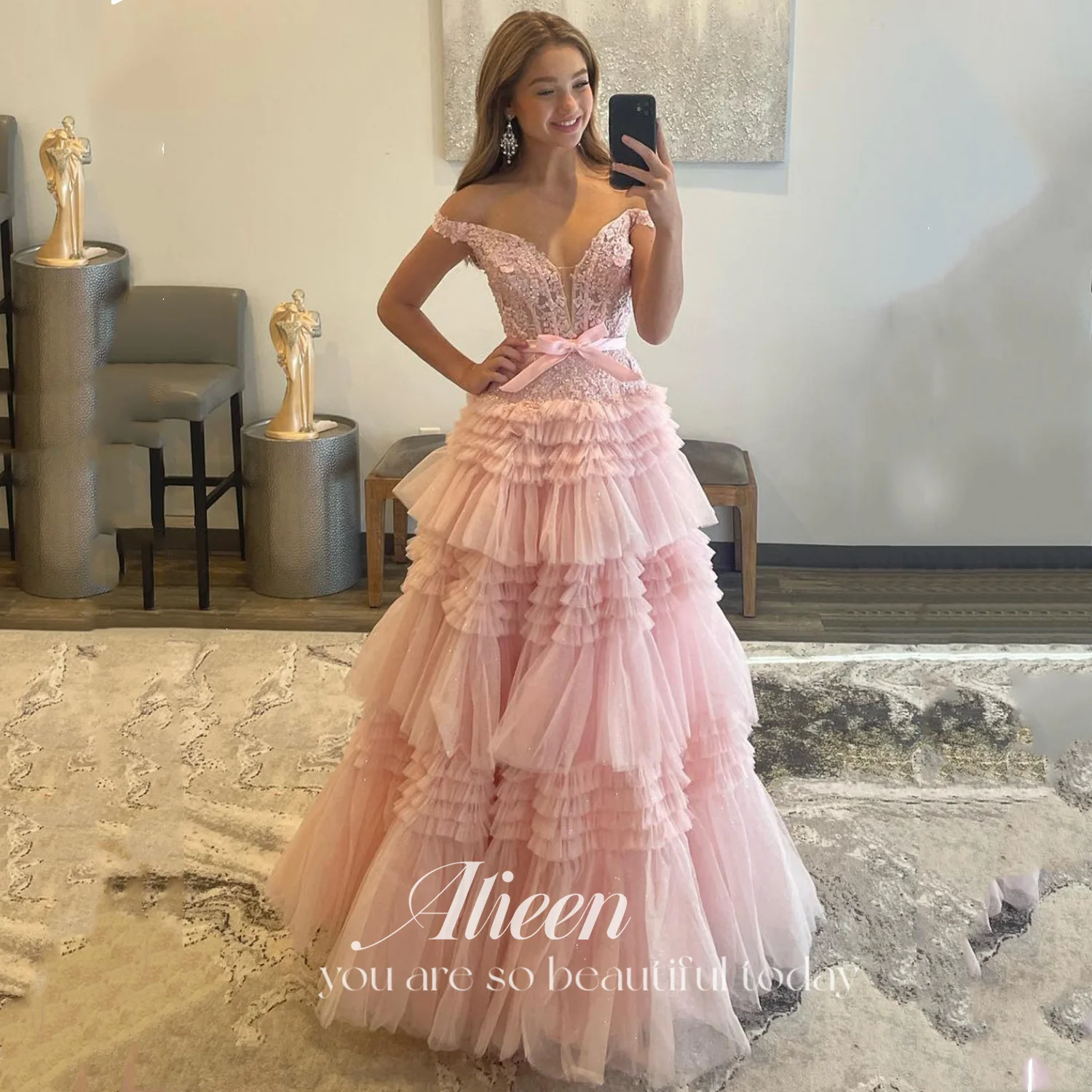 

Aileen Layered Evening Dresses Women Women's Off the Shoulders Guest Wedding Party Dress Pink Gala Woman Bead Embroidery Luxury
