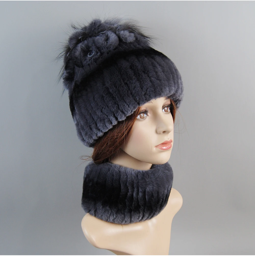 Real Rex Rabbit Fur Hat And Scarf Set Women Winter Knitted Beanie Hat Natural Fur Skullies Beanies Woman Hat Female Cap Elastic