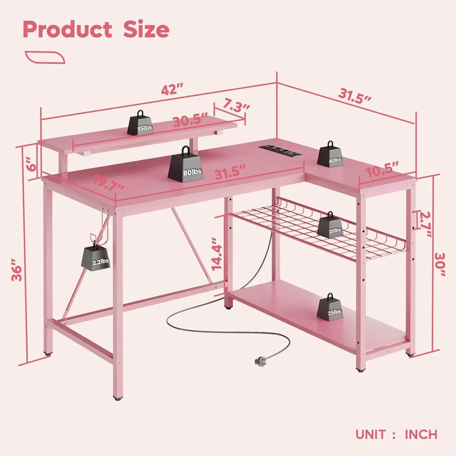 Desk with Power Outlets,42 LED Small Corner Computer Desk with Reversible Storage Shelves,L Shaped Desk with Hook 2