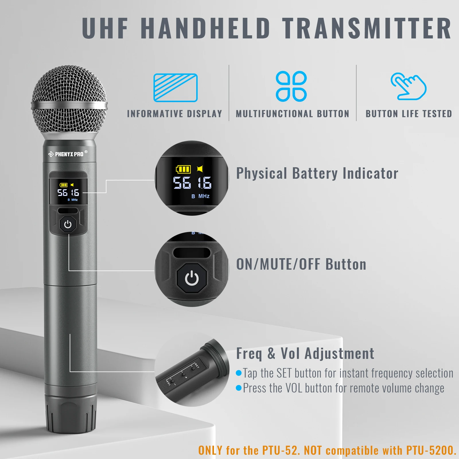 Phenyx Pro UHF Professional Dual Wireless Microphone Stage Performance Karaoke Home System 200ft/60m 30Frequencies PTU-52 wireless microphone system