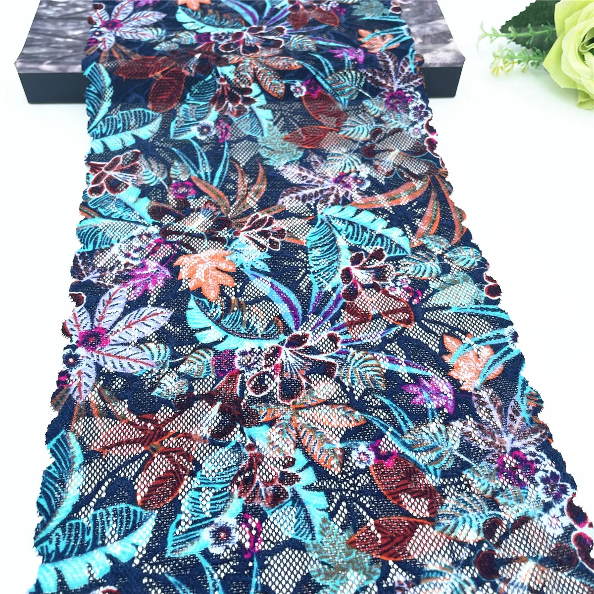 3y/lot Width 7 5/8 inch(19.50cm) Mixed Blue Feather Stretch Lace Trim 3