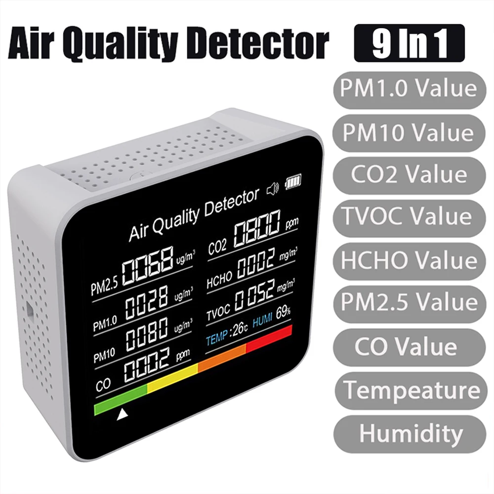 9 In 1 Air Quality Analyzer CO2 Meter CO TVOC HCHO PM2.5 PM1.0 PM10 Temperature And Humidity Measurement Carbon Dioxide Detector