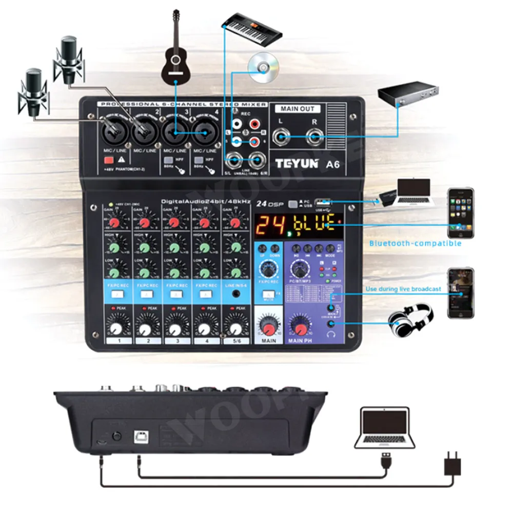 Professional 6 Channel Audio Mixer A6 Sound Mixing Console USB Input 48V Power for DJ Recording Studio