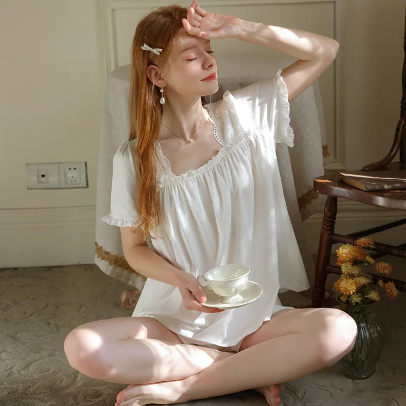 French Princess Sleepwear Cotton Short Sleeve Summer Women's Sweet and Cute Shorts Set Casual Loose Palace Style Two-Piece Set