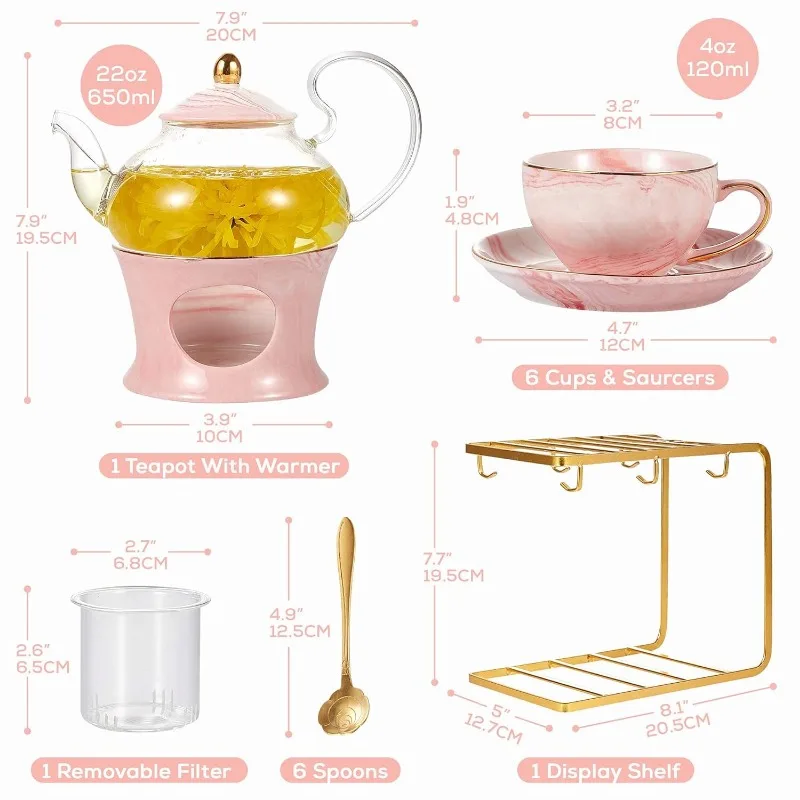 Small Tea Set of 6, Handcraft Golden Trim, Porcelain Tea Pot Set for Kids&Adults, 1 Glass Teapot(22oz), 6 Cups(4oz), 6 Saucers