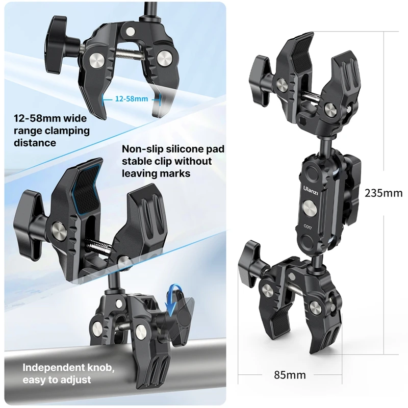 Ulanzi CO17 Super Clamp con morsetti doppi a doppia testa a 360 ° Magic Arm Arri Adapter per fotocamera panoramica ombrello luce a LED