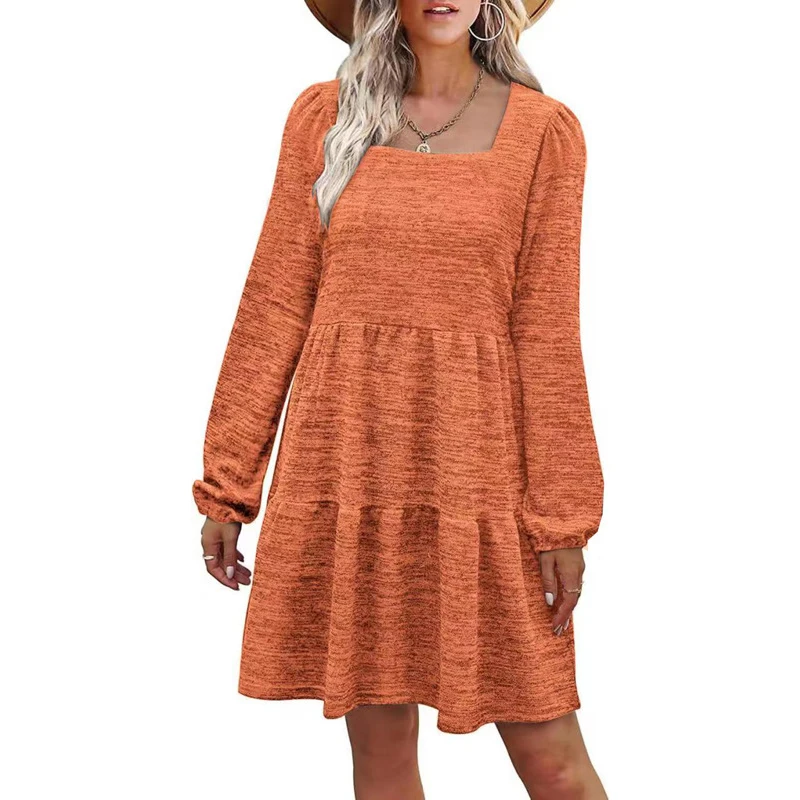 

Vintage Ruffled Square Collar High Waist Dresses for Women Autumn Casual Streetwear Long Sleeve Cotton Basic T Shirt Mini Dress